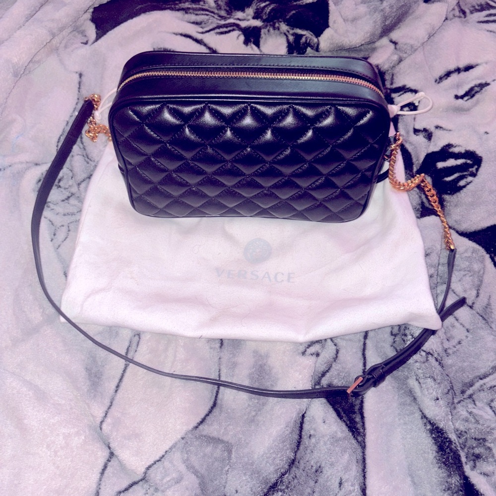 Versace Quilted Black Crossbody with Gold Chain